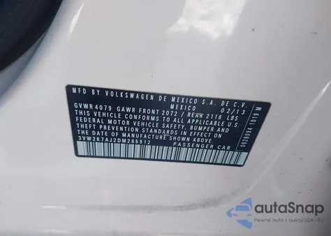 2013 Volkswagen Jetta 2.0L S from USA, damaged, VIN 3VW2K7AJ2DM265912